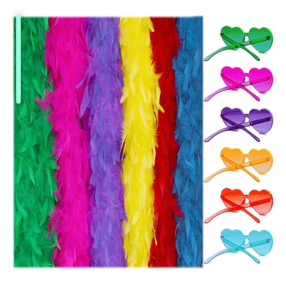 Vibrant Flapper Feather Boas Party Pack with Heart-Shaped Sunglasses 6 Pcs - Picture 7 of 9